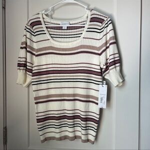 Liz Claiborne Cream Knit Top with Mauve and Black Stripes